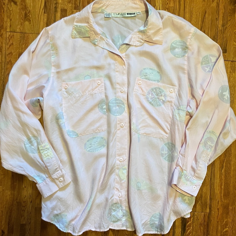 Vintage Claus Woman Button Down Shirt Airplane Print‎ Long Sleeve Pink 24W